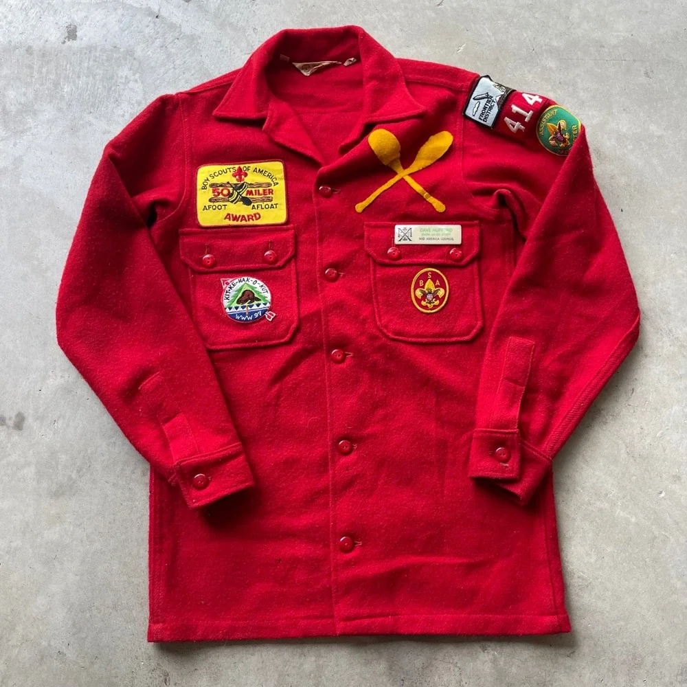Vintage Boy Scouts of America Red Wool Patch Jacket BSA 38 L 70s 50 Miler Award